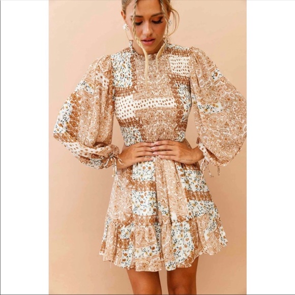 Saints + Secrets Made in Morocco  Patchwork Paisely Smocked Mini Dress S - Picture 2 of 6